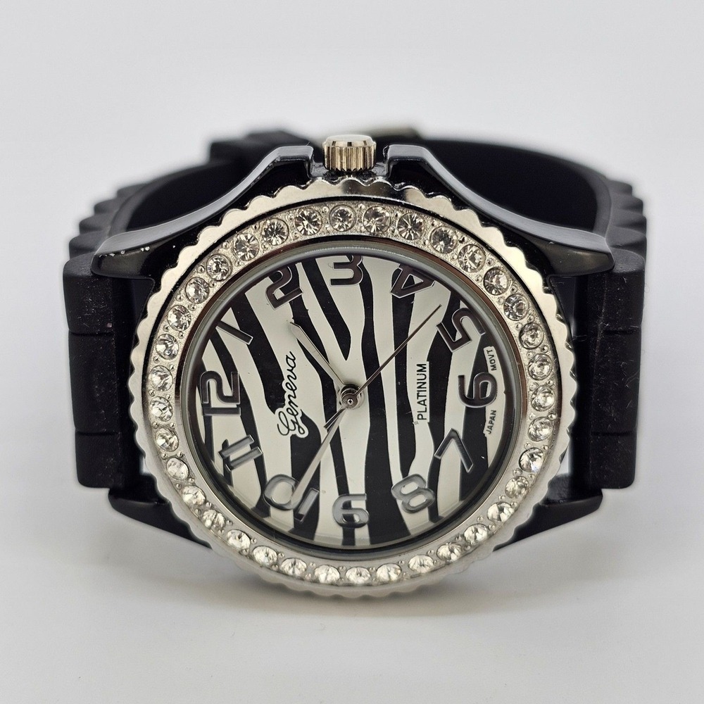 Women's Watch 38MM Zebra‎ Dial Crystal Bezel Black Plastic Bands New Battery